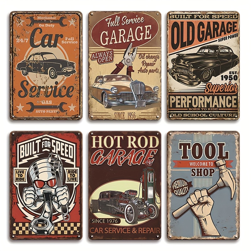 TEMU 2d Flat 6pcs Set Of Vintage Car Wooden Garage Signs - 8x5 Inches, Retro Car Mural Decoration, Suitable For Boys And Studios, , Tool Stores,