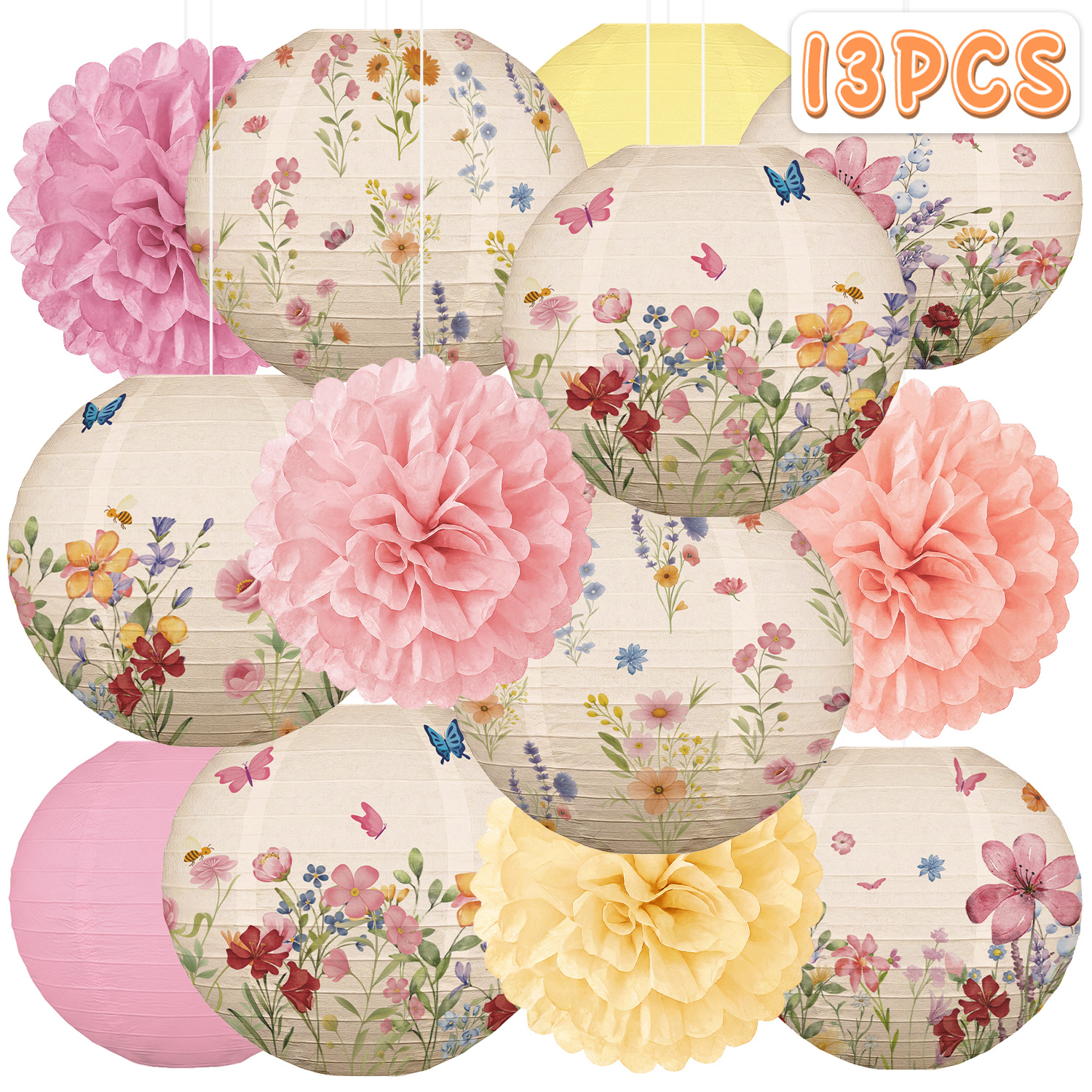 TEMU 13pcs Party Decorations Vintage Paper Lanterns Pom Poms Hanging Decor For Baby In Shower Floral Flower Garden Home - Household Items, Event And