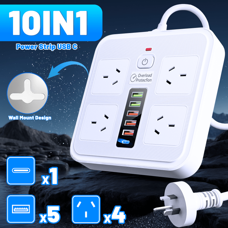 TEMU Power Extension Cord Protector Power Strip, 10in 1 Power Board With 4 Outlets, 1 Usb-c & 5 Usb Charging Ports, 2200w Usb Powerboard, Wall Mount