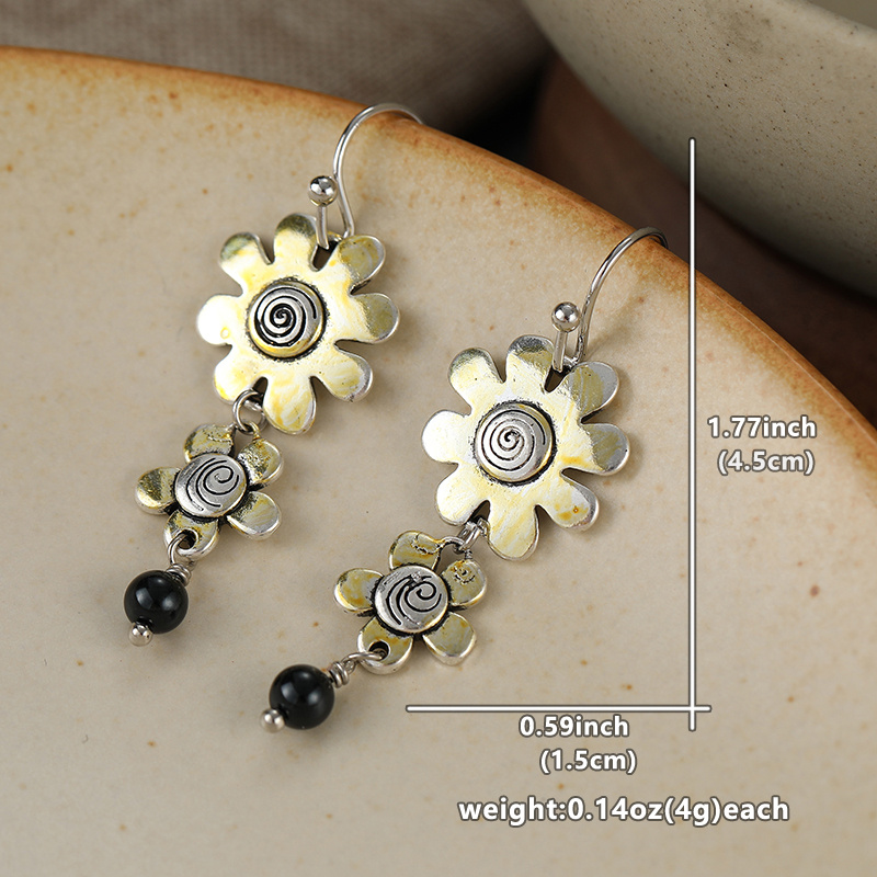 Women's Vintage Two Tone Spiral Pattern Double Flower Dangle Earrings