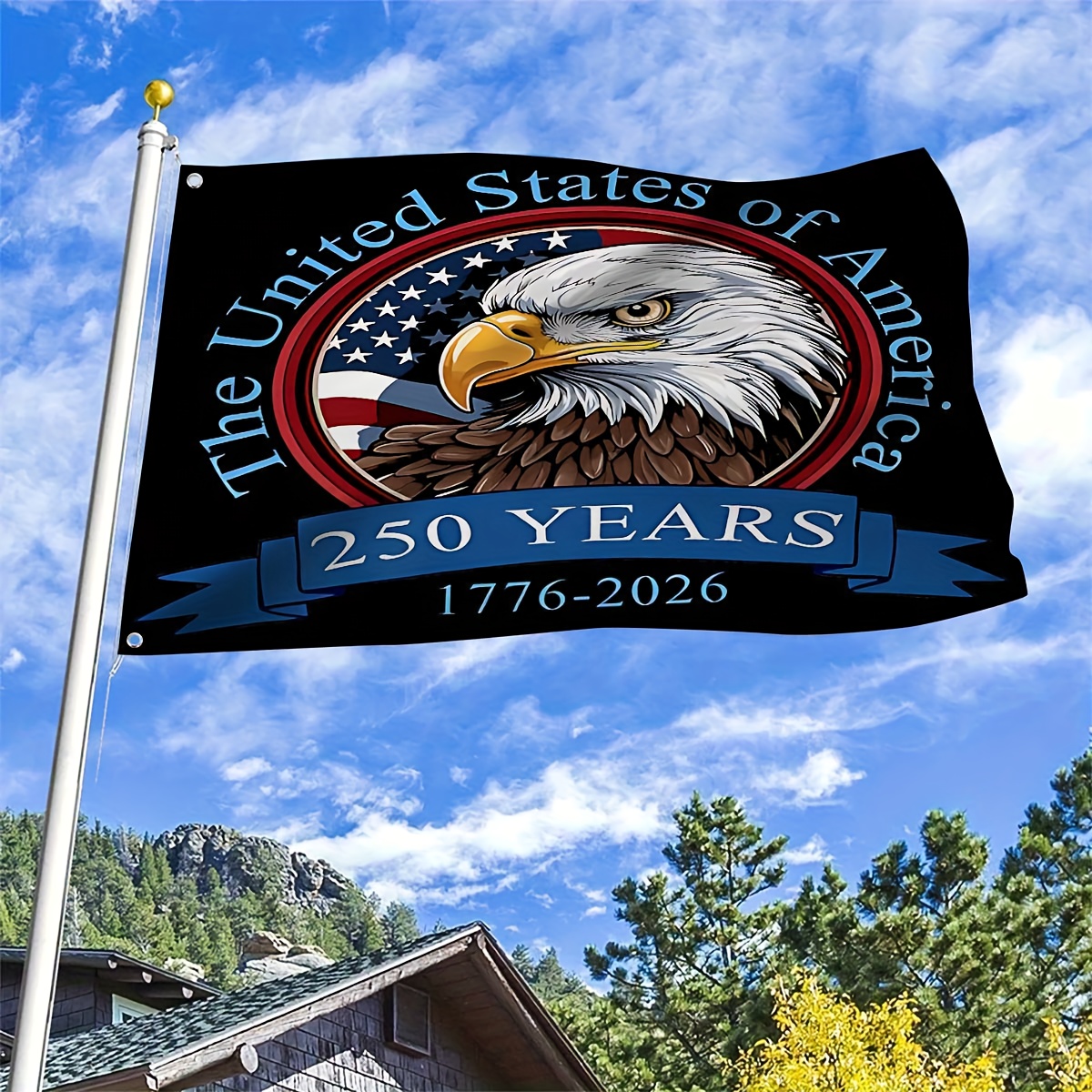 TEMU 1 Side 250th Anniversary American Flag- Patriotic Eagle And With 1776-2026 Commemorative Years, Durable Polyester Outdoor/indoor Flag, Stitched