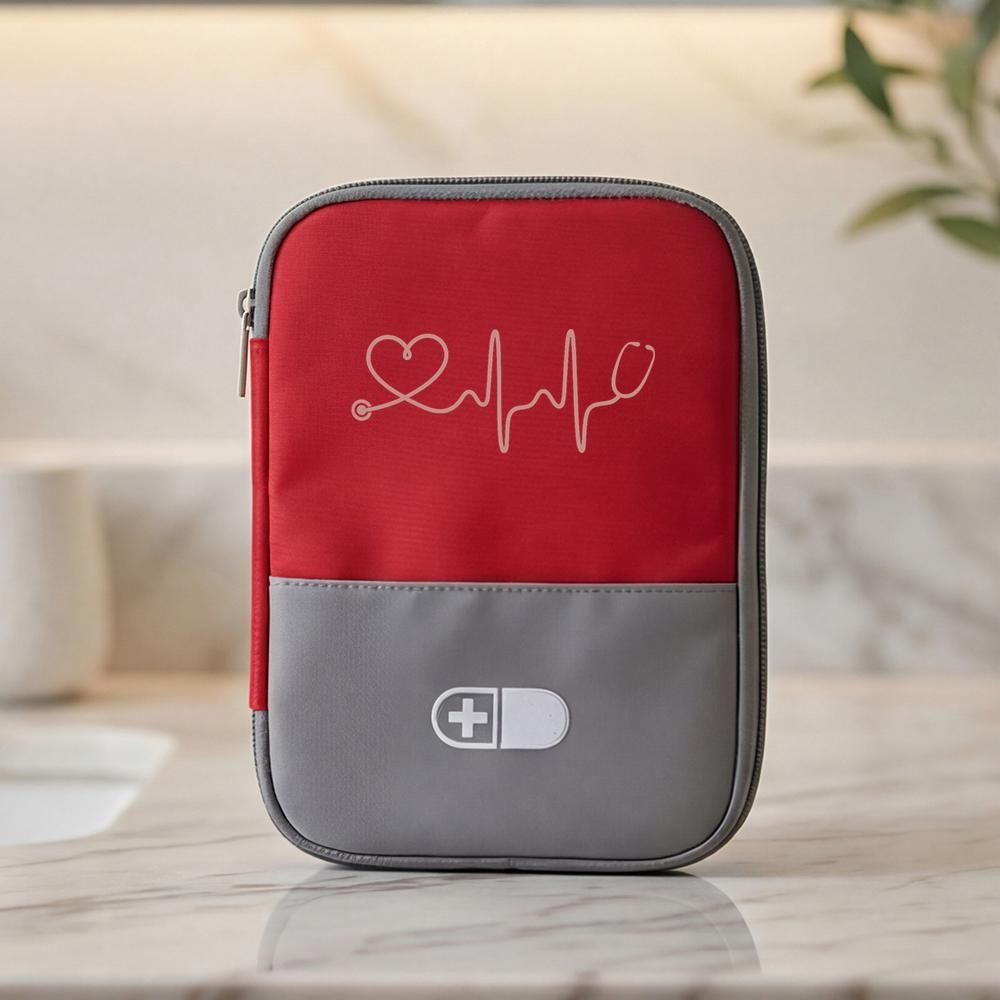 TEMU Outdoor Kit, "no Supplies Included" Heart & Stethoscope Ecg Line Portable Medicine Organizer Bag, Minimalist Red & Gray Color , Lightweight