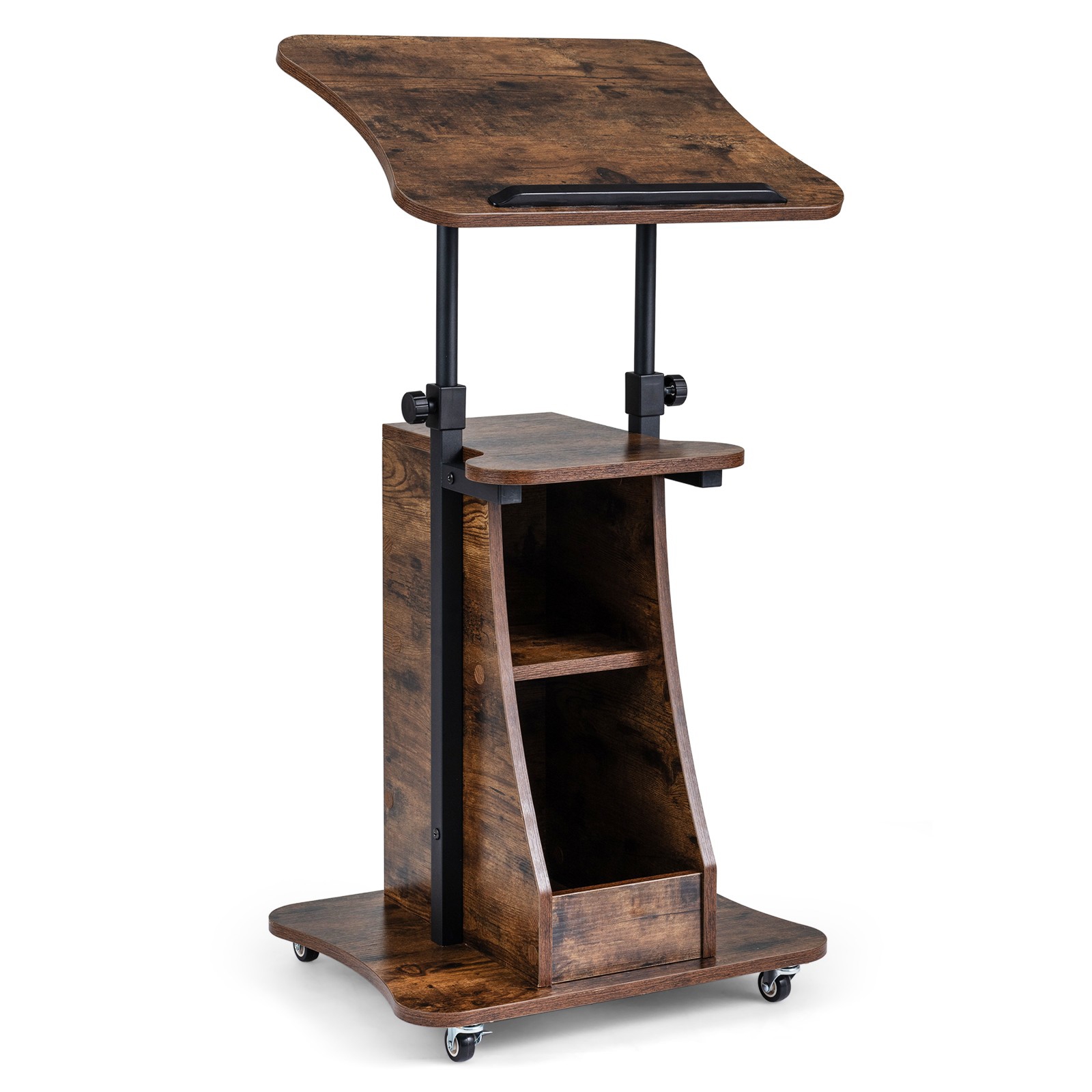 Image of Rolling Podium Stand, Height Adjustable Lectern Table With Tabletop And Storage Shelves, Multifunctional Laptop Cart With Lockable Casters For Home Office School, Rustic Brown