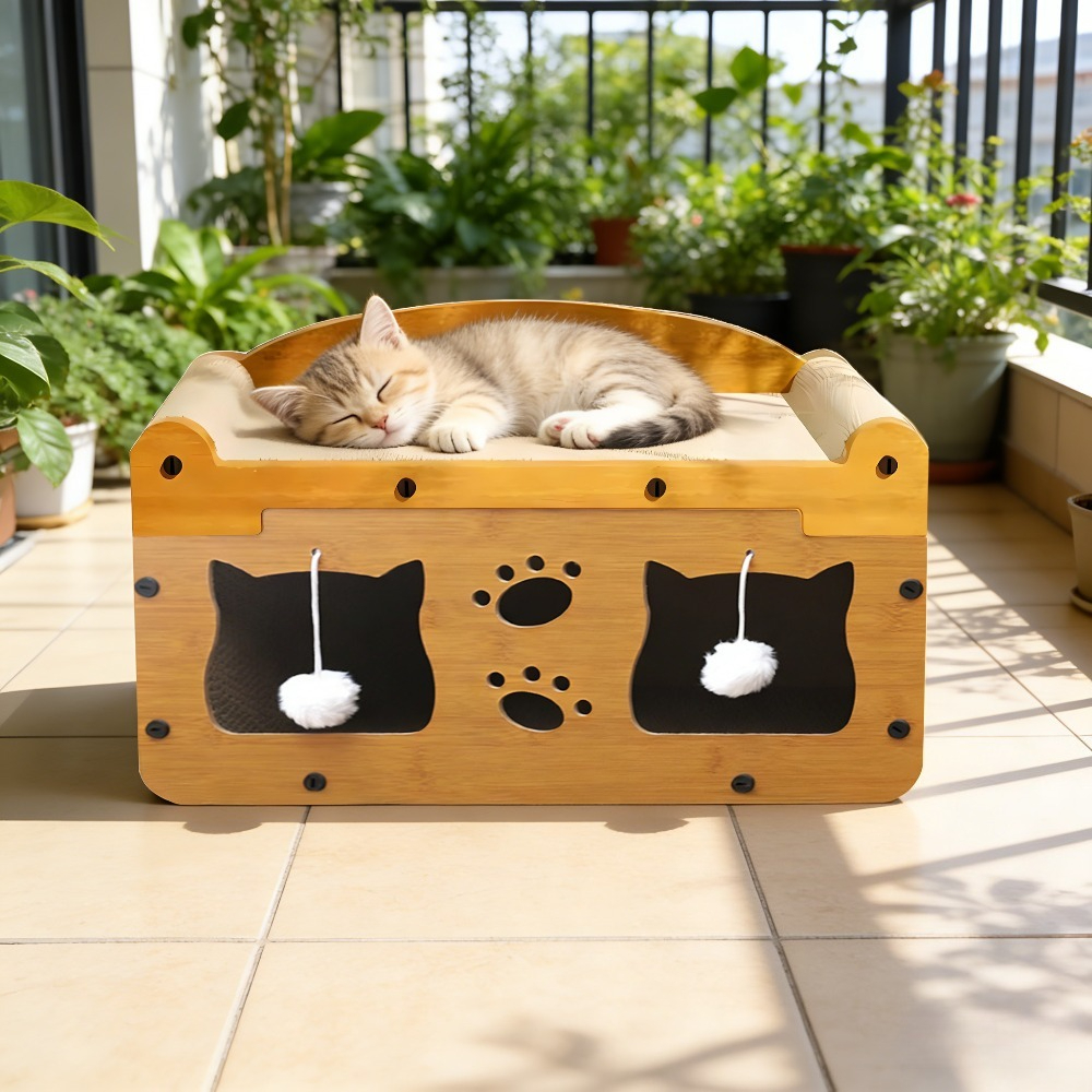 TEMU 3-in-1 Cat Activity House With Scratcher Bed & Climbing Tower, Sturdy Cardboard Cat Furniture With Rounded Edges, Space-saving Interactive For