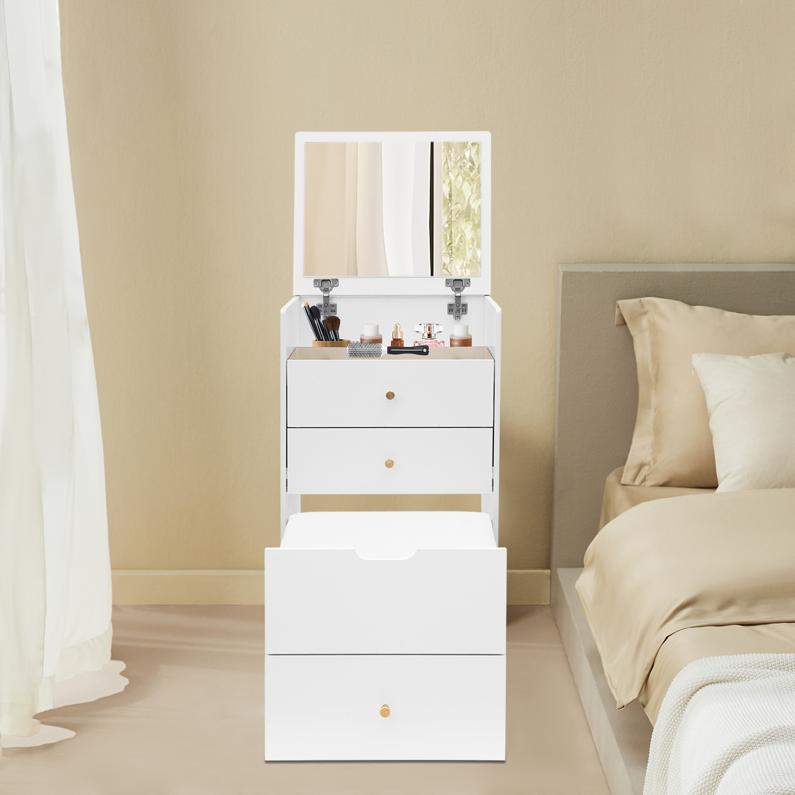 3 in 1 dressing table with stool hinged mirror   glass top 3 drawers small cosmetic table for bedroom   hardwood and artificial board material   brand