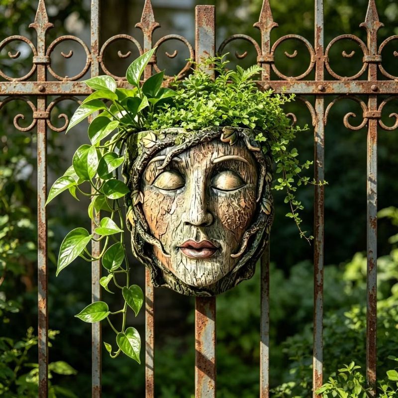 Image of 1pc Nature Goddess Planter, Resin Dryad Tree Goddess Sculpture Flower Pot, Wall Mounted Planter With Drainage Hole, Weatherproof Nature Inspired Garden Decor For Indoor Outdoor Wall Art