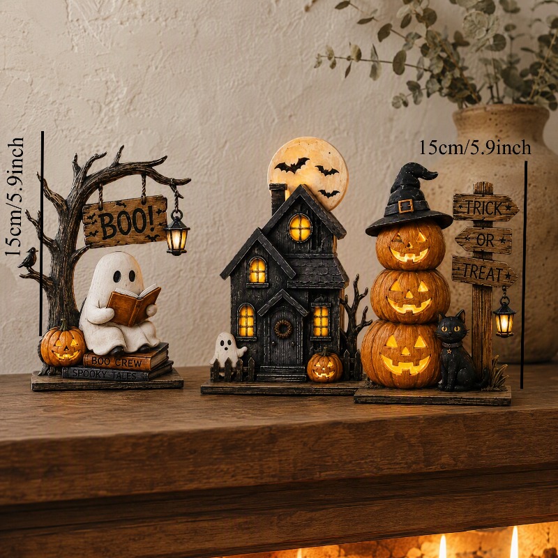 TEMU Ensemble de 3 décorations d'intérieur rétro Halloween, décor d'automne, idéal pour la décoration d'étagères, comprenant des des , des chats