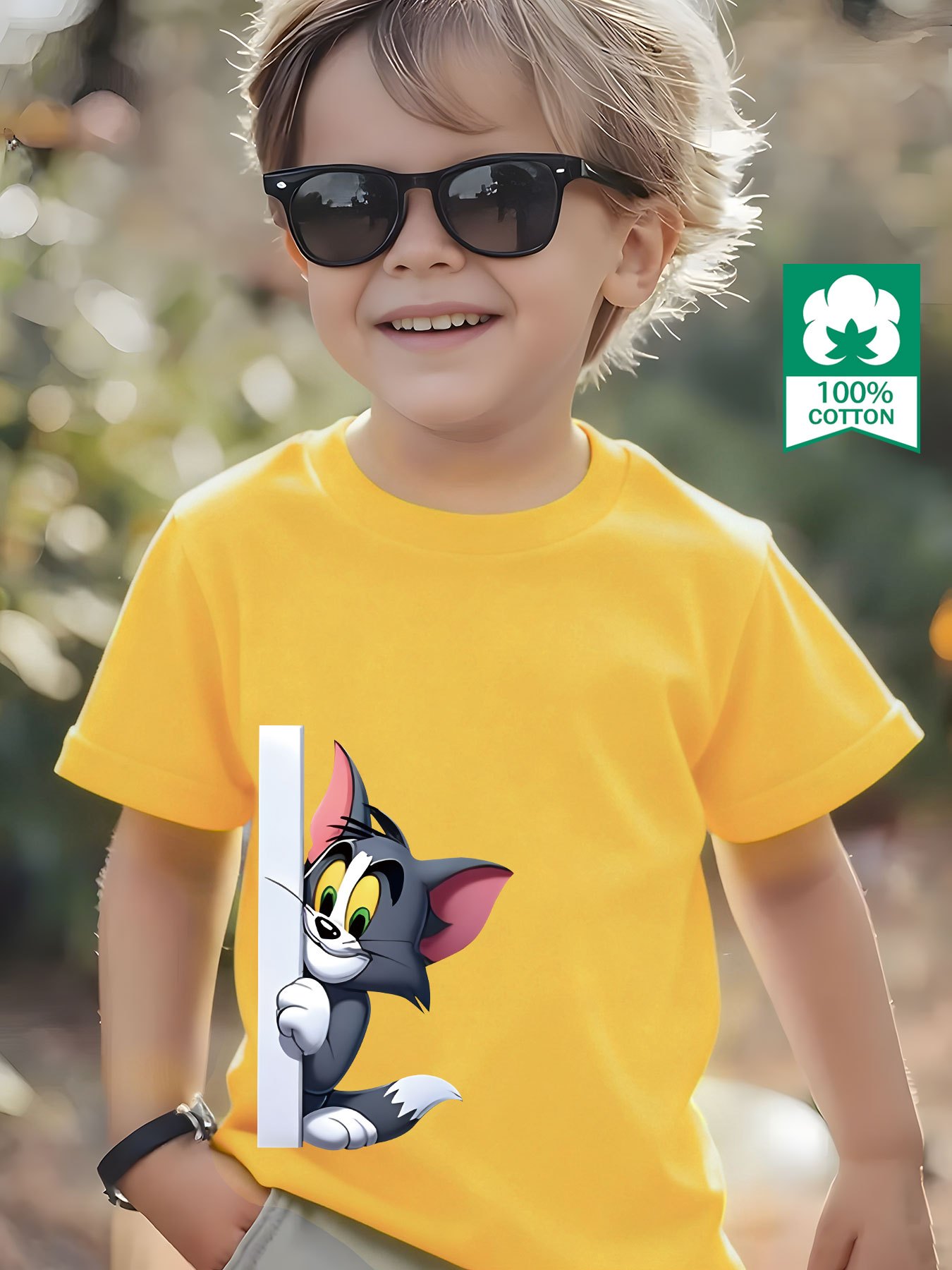 100% Pure Knitted Short-Sleeve T-Shirt, Breathable And Sweat-Absorbing, a Casual And Versatile Round-Neck Short-Sleeve Top for Boys, Featuring a Cute TOM And JERRY Cartoon Print, Machine Washable - Available in 10 Options, Sweat-Resistant