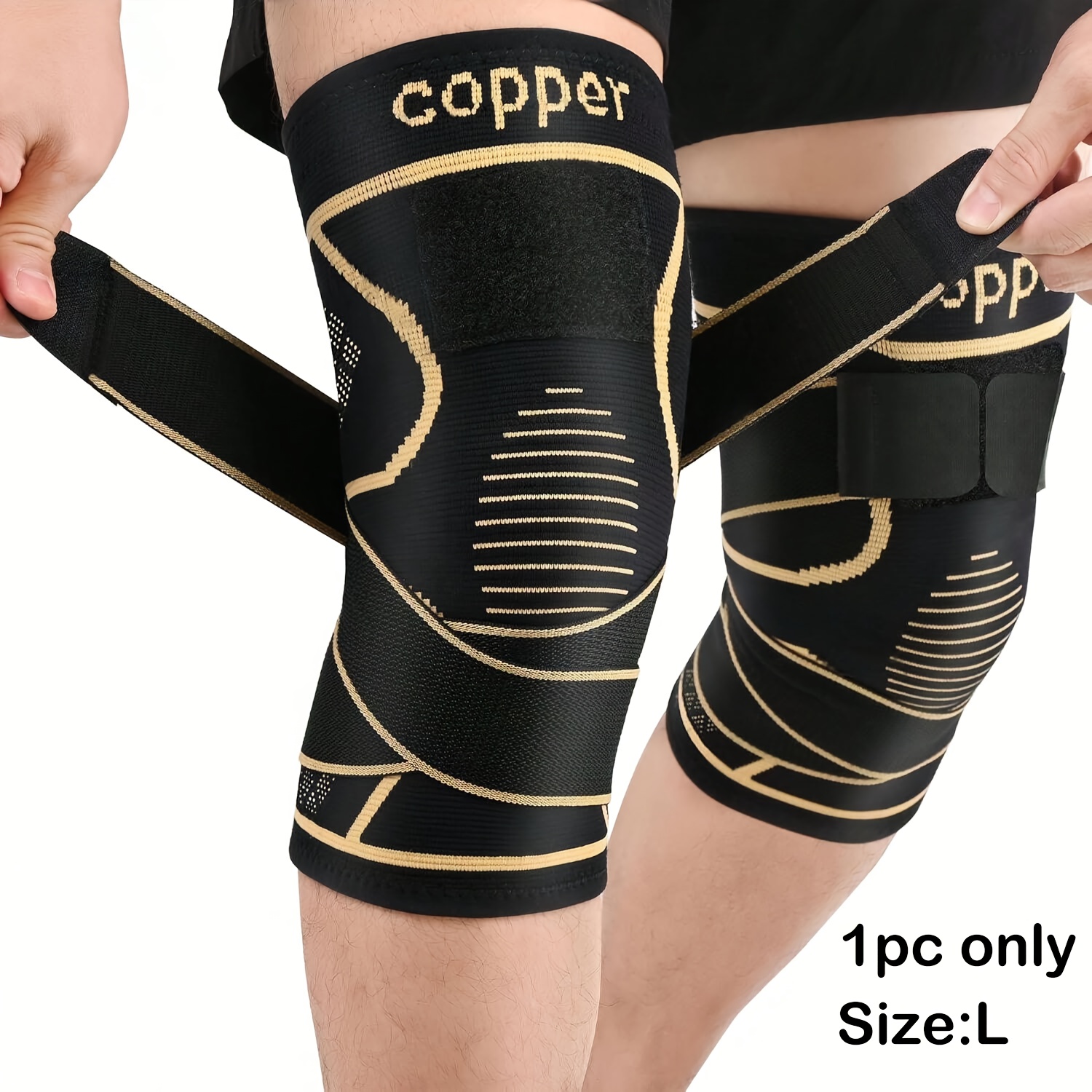 item picture 1pc Black Copper Knee Brace with Strap, Nylon Blend Compression Sleeve for Men, Modern Design, Strapfast Closure, Comfortable and Durable, Ideal for Daily Activities, Breathable and Stable Support