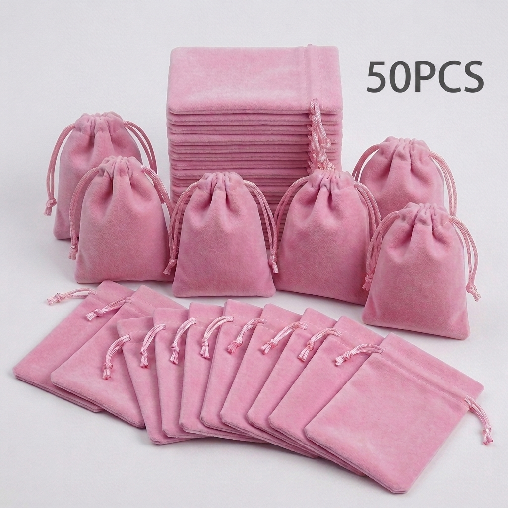 TEMU 50pcs Pink Velvet Drawstring Pouches Gift Bags Elegant Double Cord Sacks For Wedding Party Favors Jewelry Store Retail Packaging Travel Cosmetic