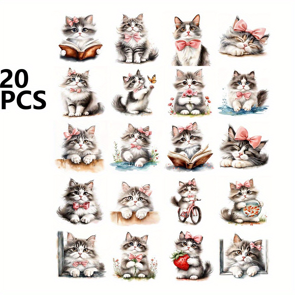 20pcs Bow Cat Stickers Pack For Diy Crafts Projects Scrapbooking Luggage Laptop Notebook Journaling Photo Album Decor Stationery Accessories Aesthetic Decoration Decals Valentine's Day Birthday Gift