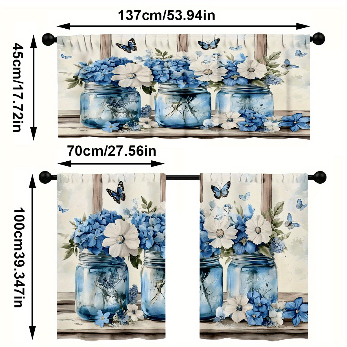 TEMU 3pcs/ Set Kitchen Curtain Sets, Flowers In A Blue Vase Print Curtain Set, Rod Pocket Valance Curtain Tier, 1 Valance/ 2 Cafe Curtains Tiers,
