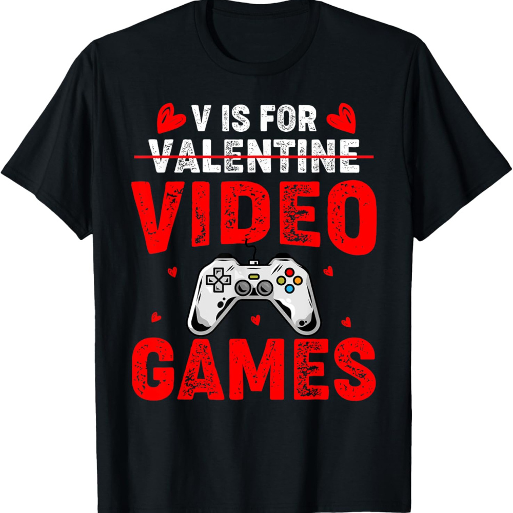 

Men's "v Is For Video Games" Valentine's Day T-shirt - Humorous Gamer Boy Gift, Tee With Game Controller Graphics, Casual Round Neck, Wear,