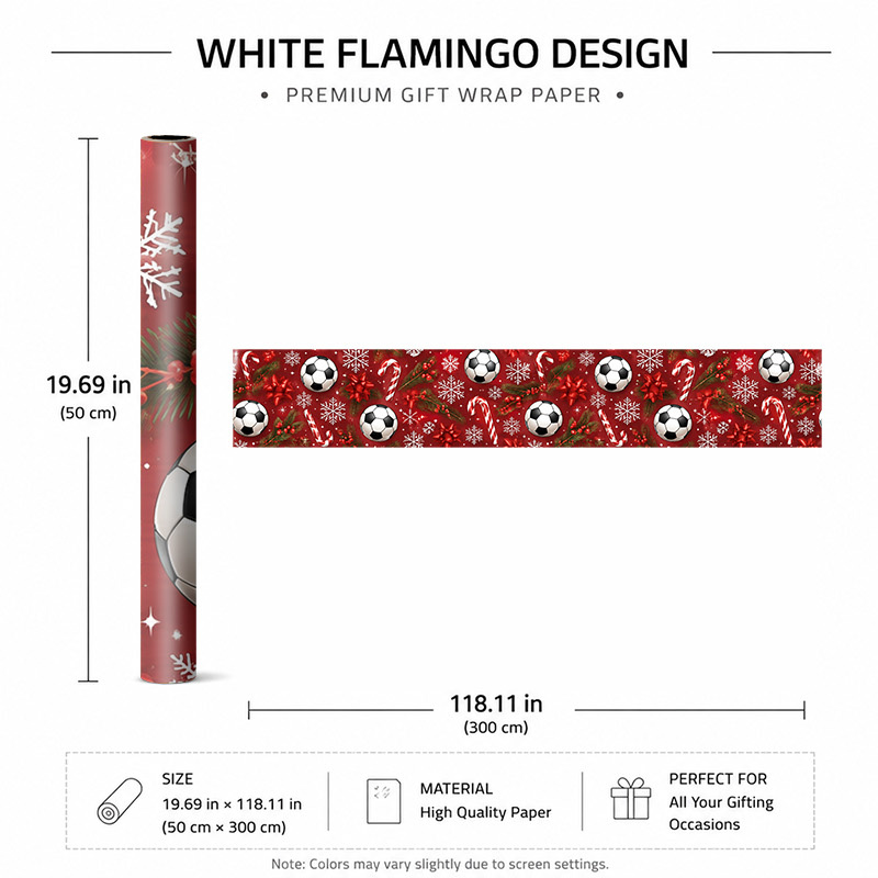 TEMU 2D Flach 1 Rolle 50X300Cm (19.7X118.1In) Elegantes Geschenkpapier mit Fußballen und Schneeflocken auf rotem Hintergrund, Weihnachtsdekoration,