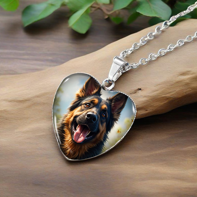 TEMU 1pc Of Happy German Shepherd Heart-shaped Necklace Glass Pendant Handmade Men's Jewelry