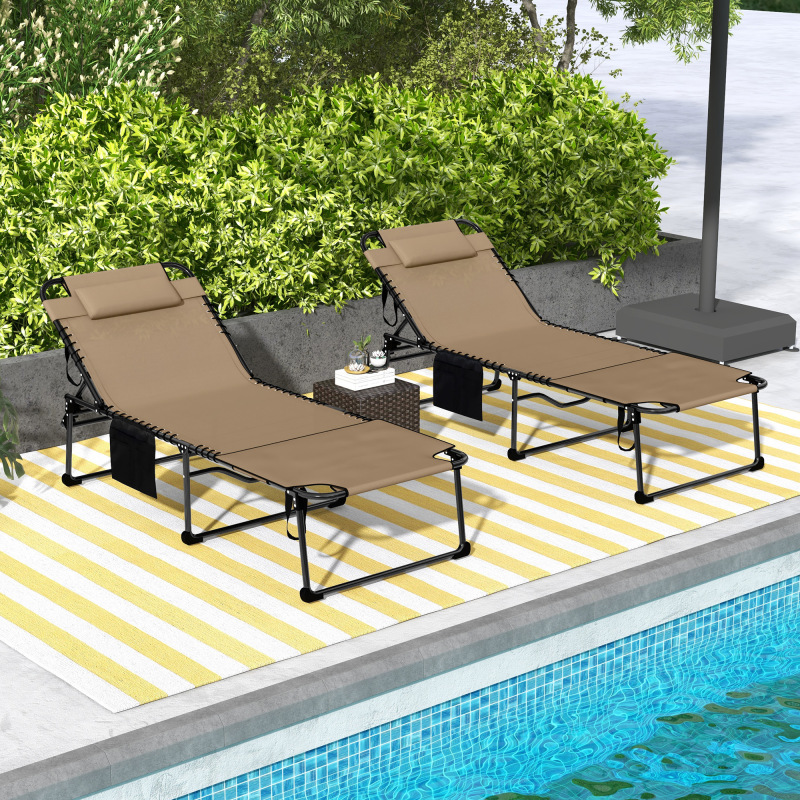 Outsunny 2pcs Folding Chaise Lounge with 5-Level Reclining Back, Outdoor Tanning Chair with Reading Face Hole, Outdoor Lounge Chair with Side Pocket And Headrest for Beach, Yard, Patio, Beige