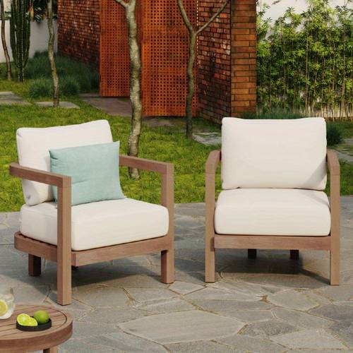 2pcs outdoor club chair set with thick waterproof cushion heavy duty 400lbs capacity deep seating patio furniture for garden porch balcony acacia frame in brown wash and beige cushion