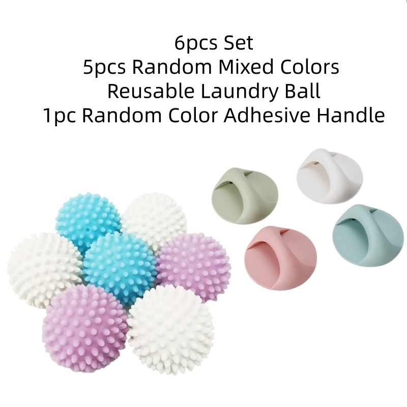 TEMU 6pcs Set(5pcs Random Mixed Colors Reusable Laundry Ball+1pc Random Color Adhesive Handle) Clothes, Prevents Tangling, Reduces Wrinkles, Washing