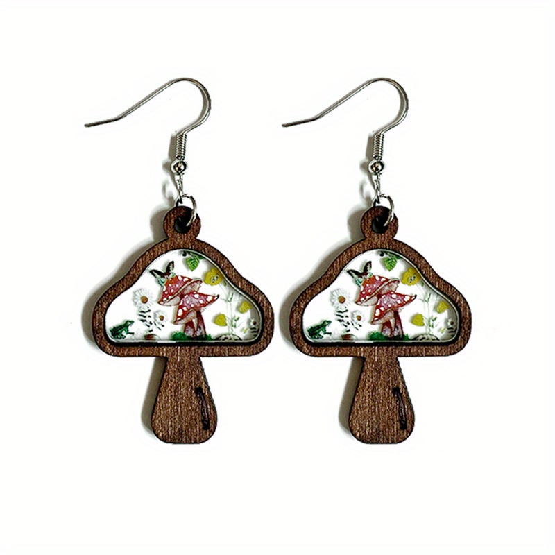 TEMU 2pcs Fashion Creative Wooden Mushroom Acrylic Splicing Earrings Cute Exquisite Design Versatile Earrings Gifts For And Lovers Earrings For Women
