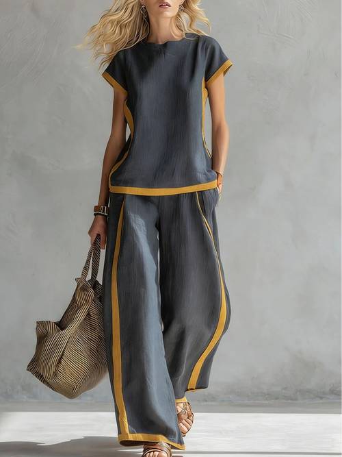 fashionable european and contrasting color sleeveless short sleeved top with wide leg pants set womens loose two piece set
