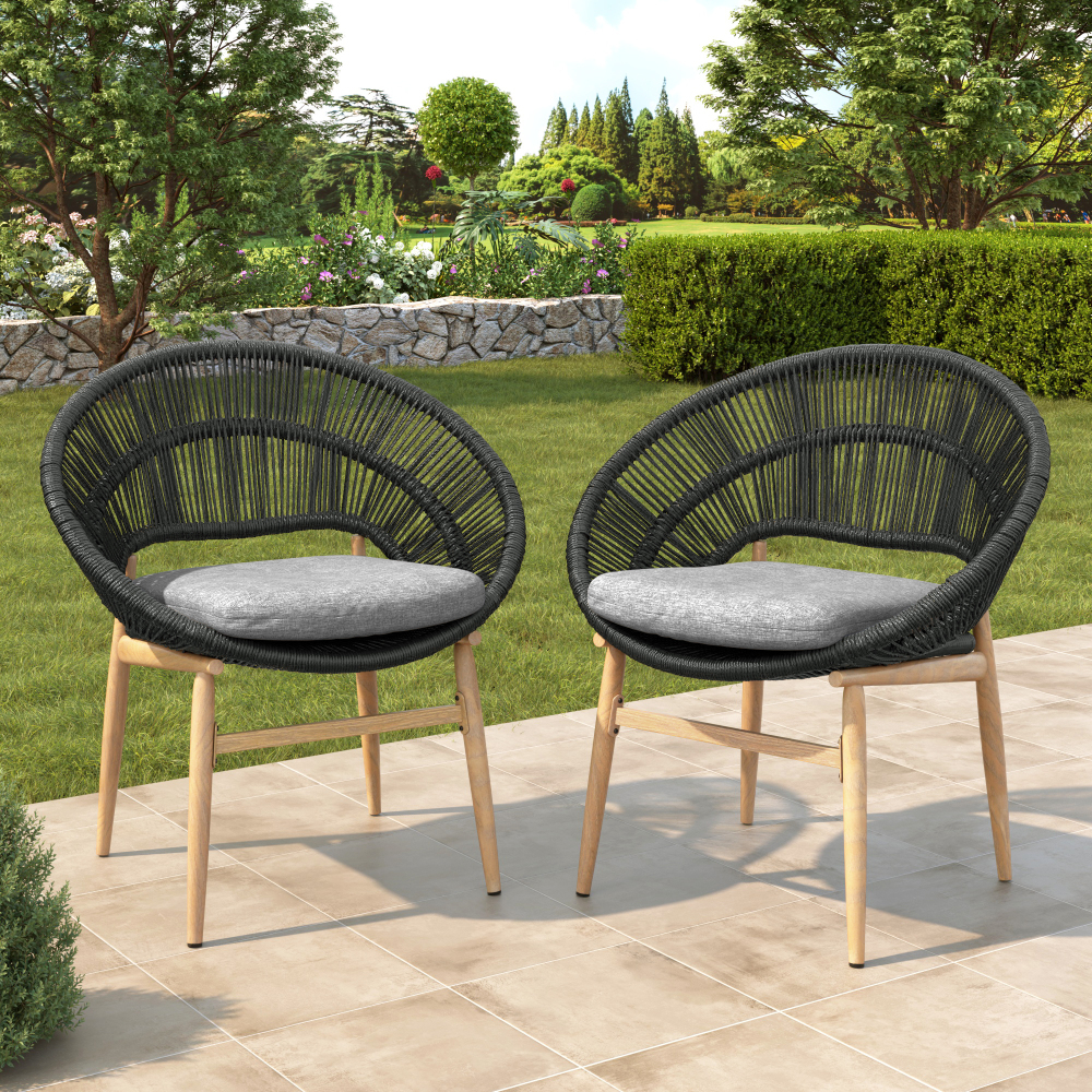 [Outdoor Wicker Papasan] Set of 2 Cyril Outdoor Wicker Papasan Chair With Teak Legs & Dark Gray Faux Rattan Frame - -Weather Suitable for,, Poolside Furniture - Cushioned Seating, Low-Maintenance Wipeable for /Outdoor Use