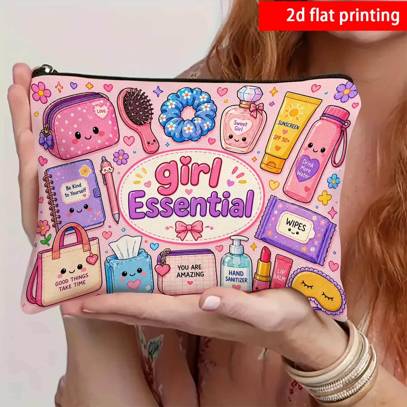 TEMU 2d Flat Printing, 1pc -version Cartoon Print Toiletry Bag, Double-sided Printing, Organizer For Makeup And Small Items, Pouch, And Travel