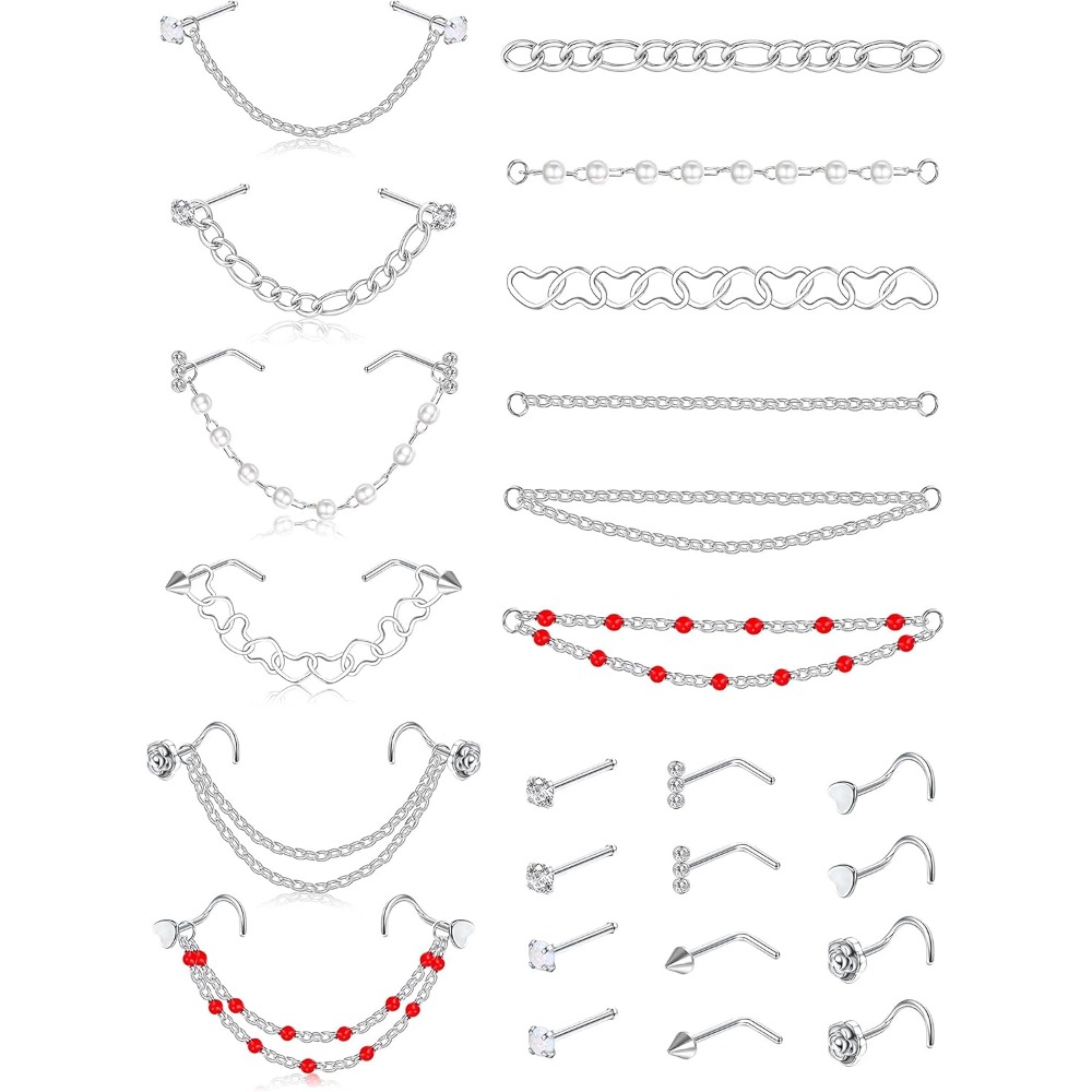 Image of 18pcs Set Of Nose Chain Piercings Made From Surgical Steel, Featuring L-shaped Studs And Heart Chain Designs For Nostril Jewelry Suitable For Women