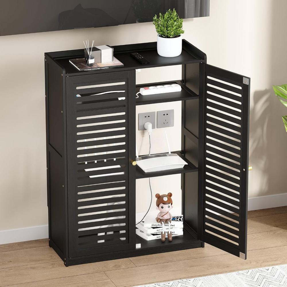 Image of Wifi Router Box With Cable Management, Floor Standing Media Cabinet To Hide Modem & Cables | Black Organizer Box For , Ventilated Storage Box For Internet & Tv Equipment