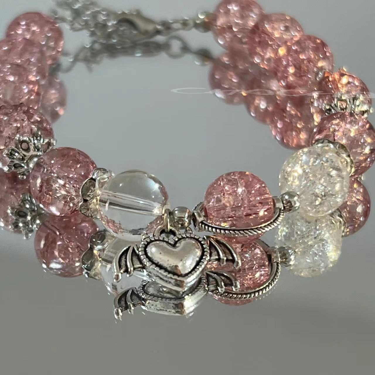 

Pink Bead Heart-shaped Pendant Bracelet - Y2k/, Glass , Ideal Girlfriend Gift For Valentine's Day & Casual Attire, Valentine's Day Accessory|heart Charm Jewelry|intricate Detailing