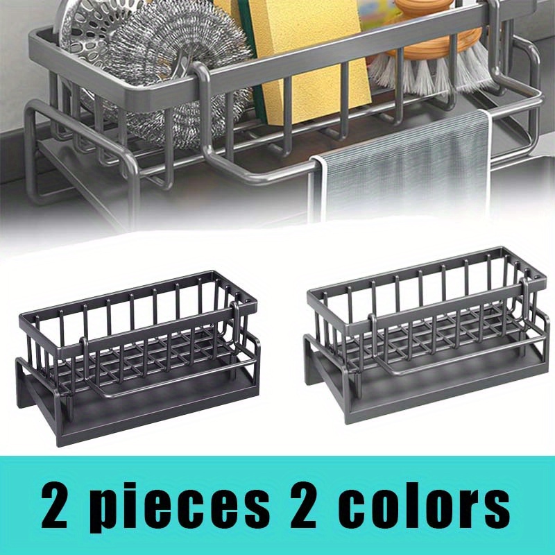 TEMU 2pcs Kitchen Sink Organizer - Drain Rack For Sponges & Cloths, Countertop Storage Solution, Your And Tidy, Black & Gray