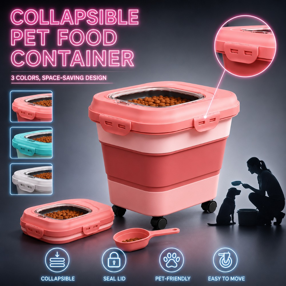 TEMU Upgrade Collapsible Pet Food Storage Container 2pcs Set, Silent Rolling Wheel , Save Cabinet Space, With Free Measuring Spoon For Dry Feed