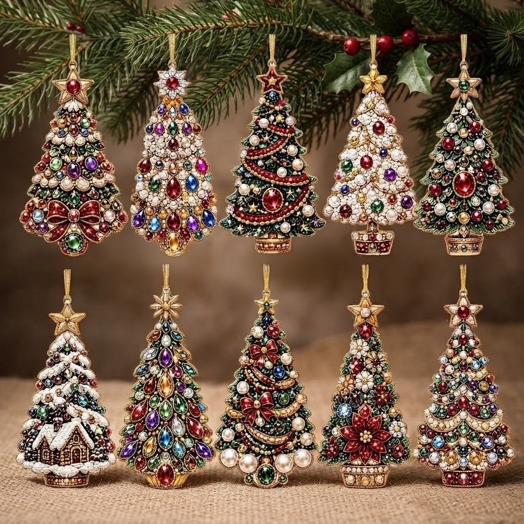 TEMU Kit de peinture perle diamant 10 pièces, pendentif en bois plat 2D sur le thème de sapin de Noël, convient aux débutants, décoration de sapin de