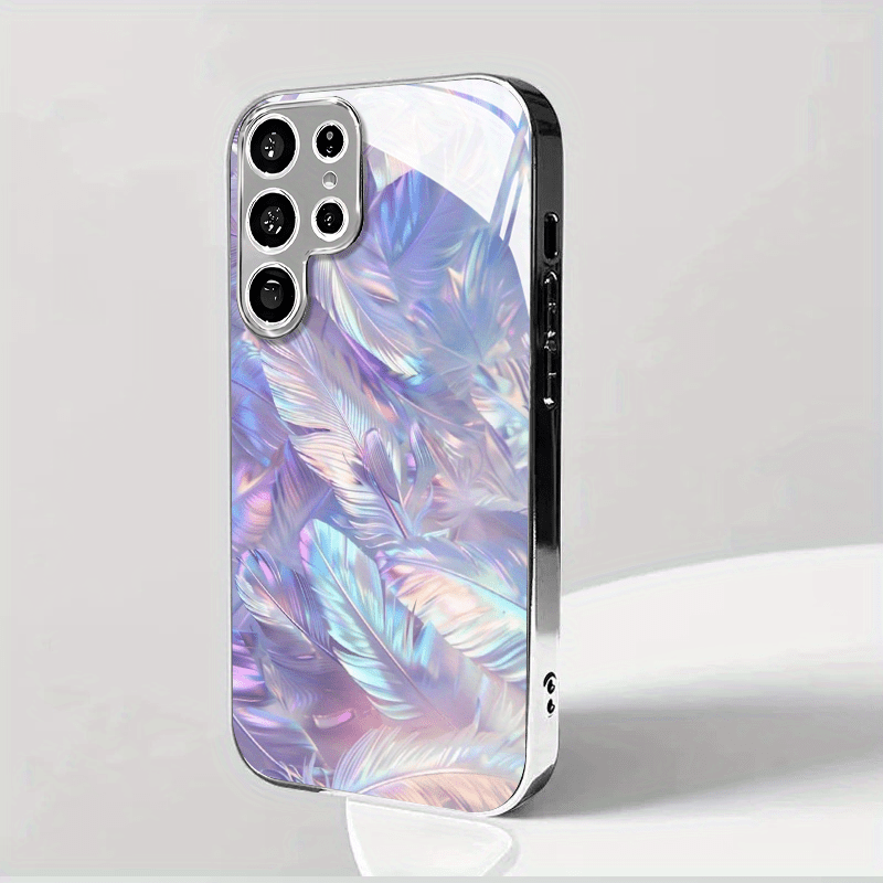 TEMU A New Electroplated Silver Phone Case Featuring A Fluorescent Purple Feather Pattern, Compatible With Galaxy S25/s24/s23/s22/s21/s20/note