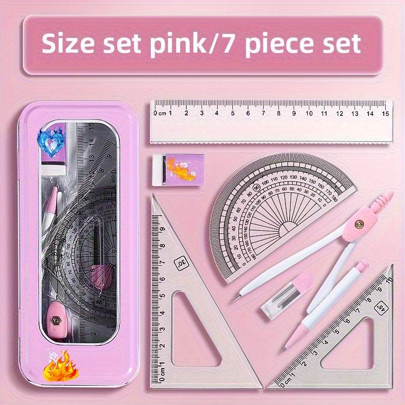 TEMU 7pcs Ruler Set Ruler Protractor Rubber Compass Student Stationery School Supplies Back To School Math Supplies