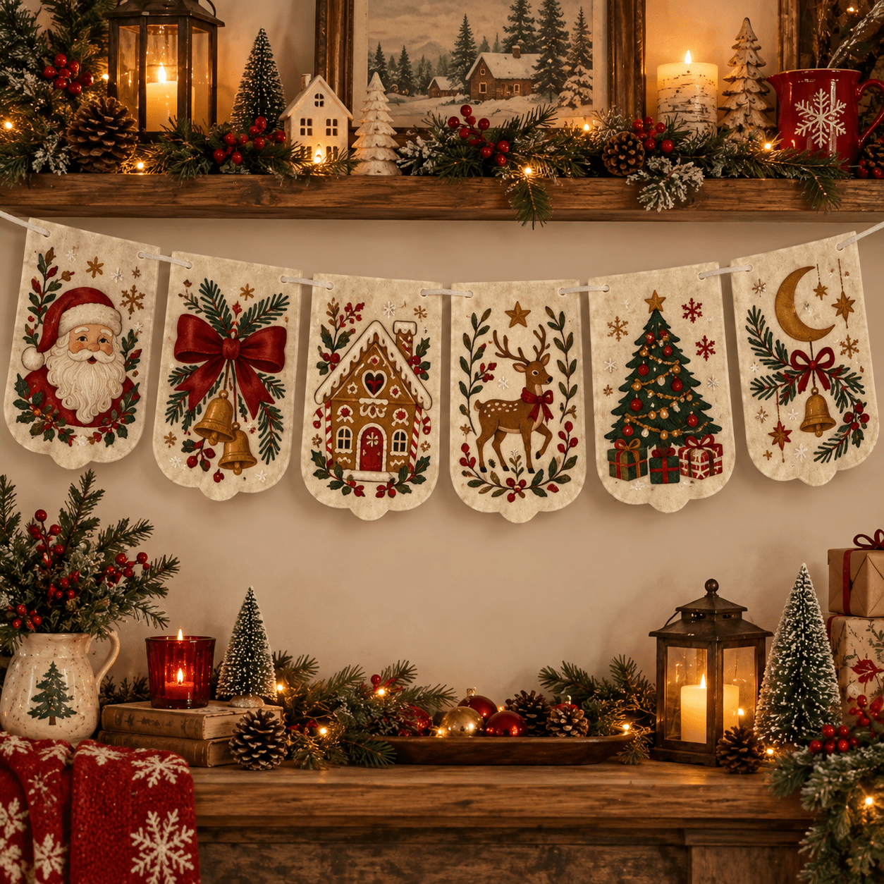 TEMU Guirlande de bannière en feutre de Noël, guirlande suspendue de Noël en feutre avec Père Noël, , maison d'épices et sapin de Noël, décoration de
