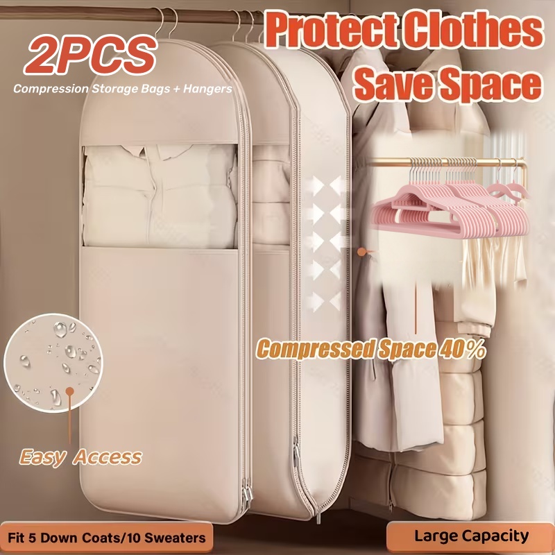 2pcs set compressed hanging storage bags flocked hanger set 35 43 43 31 51 18 inches 40 space saving vacuum sealed suitable for down jackets in winter wardrobes   luxury storage with durable zipper essential for thanksgiving