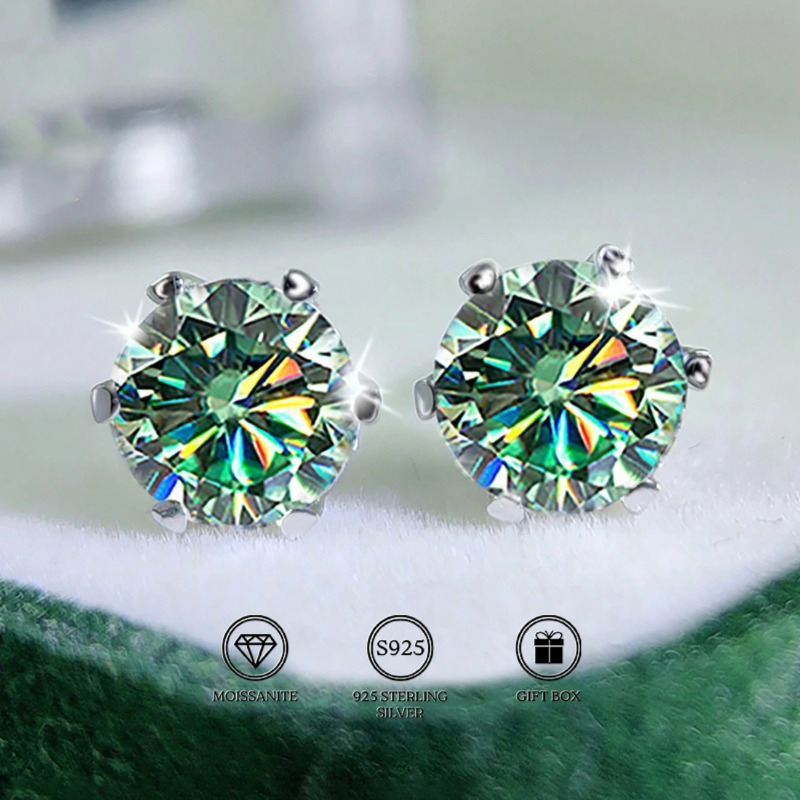 1 Pair of Classic Green Round Cut moissanite Earrings, Available in 1/2/3 Carats, Made of S925 925 Silver That Is Allergy-Proof, Making Them an Ideal Gift for Both Men And Women for Daily Wear, Birthdays, Anniversaries, Christmas, Without Battery