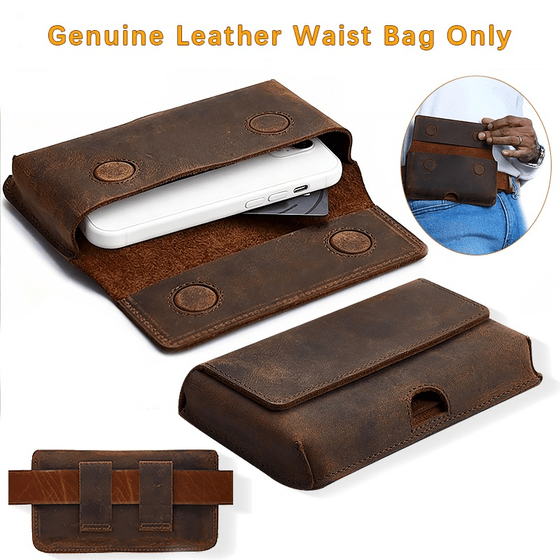 TEMU Handcrafted Horizontal Phone Case For Men Made From Top-grain Cowhide Genuine Leather, Featuring A Magnetic Belt Clip. Suitable For Iphone And