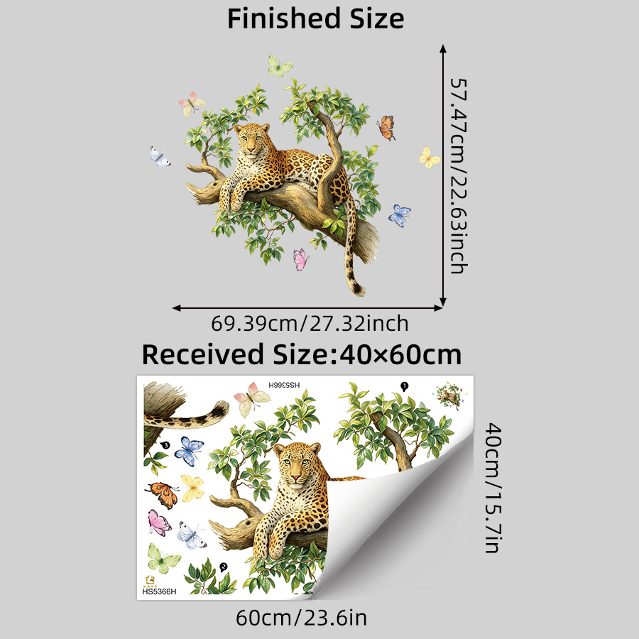 Image of 1pc Leopard Wall Sticker, Spotted Big Cat On Branch With Multicolor Blue Butterflies, Cottagecore Animal Decal For Bedroom Living Room Decor, Removable Peel And Stick, Wildlife Theme Art