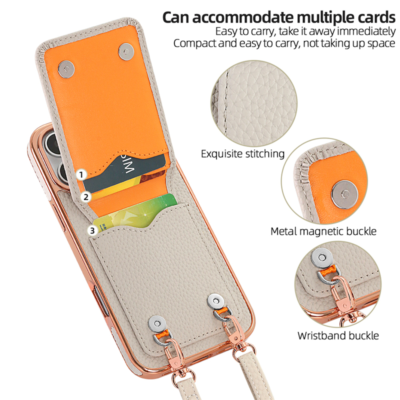 Phone Case: Business PU Lychee Texture Flip Cover Card Holder with Multiple Card Slots, Stand Function, Crossbody Strap, and Full-Body Protective Case with Plated Frame for Apple iPhone 17 Pro Max/17 Pro/17 Air/17