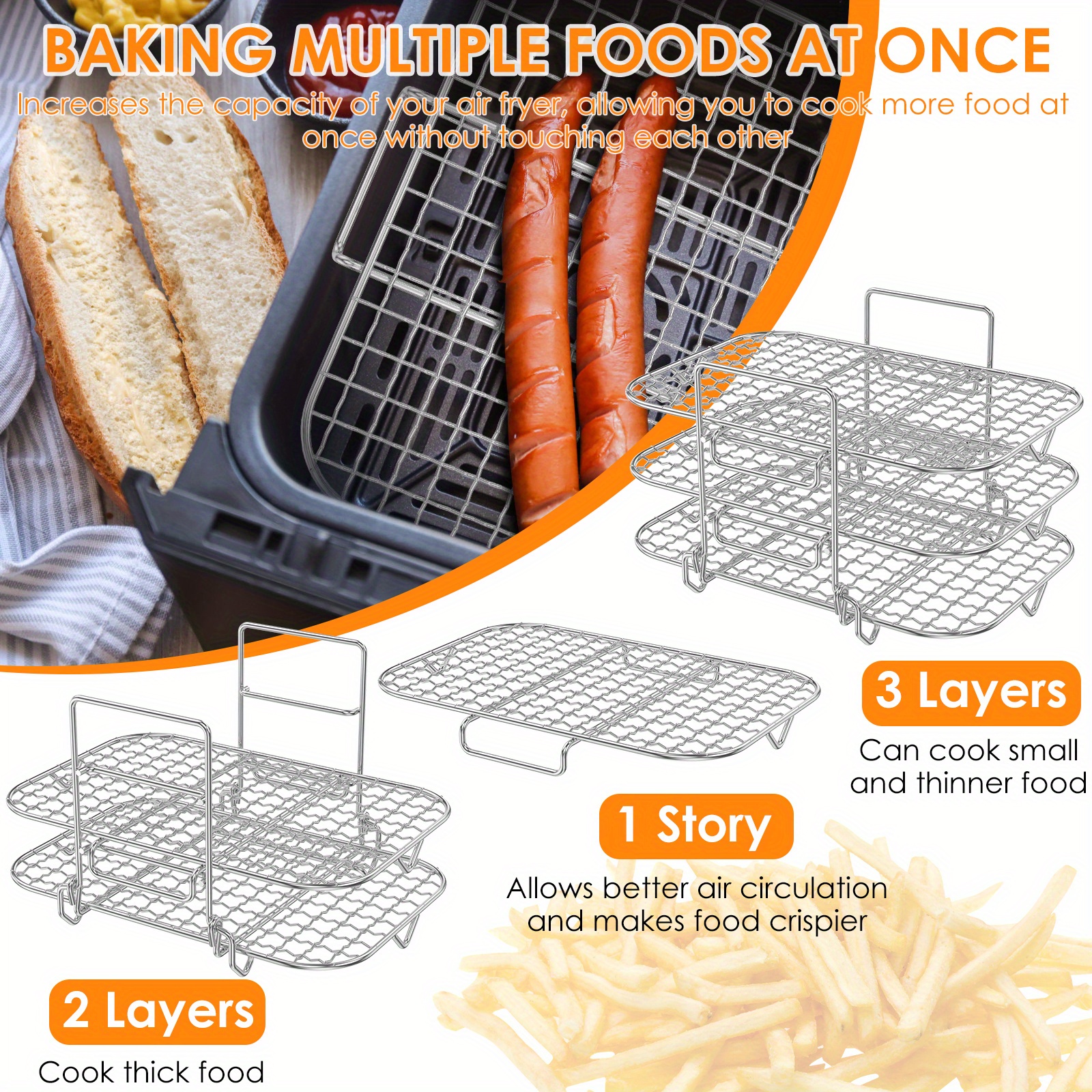 air fryer rack 3 layer dehydrator rack stainless steel air fryer grill rack stackable air fryer cooking rack multifunctional grilling rack for double basket air fryer baking air fryer dehydrator rack details 1