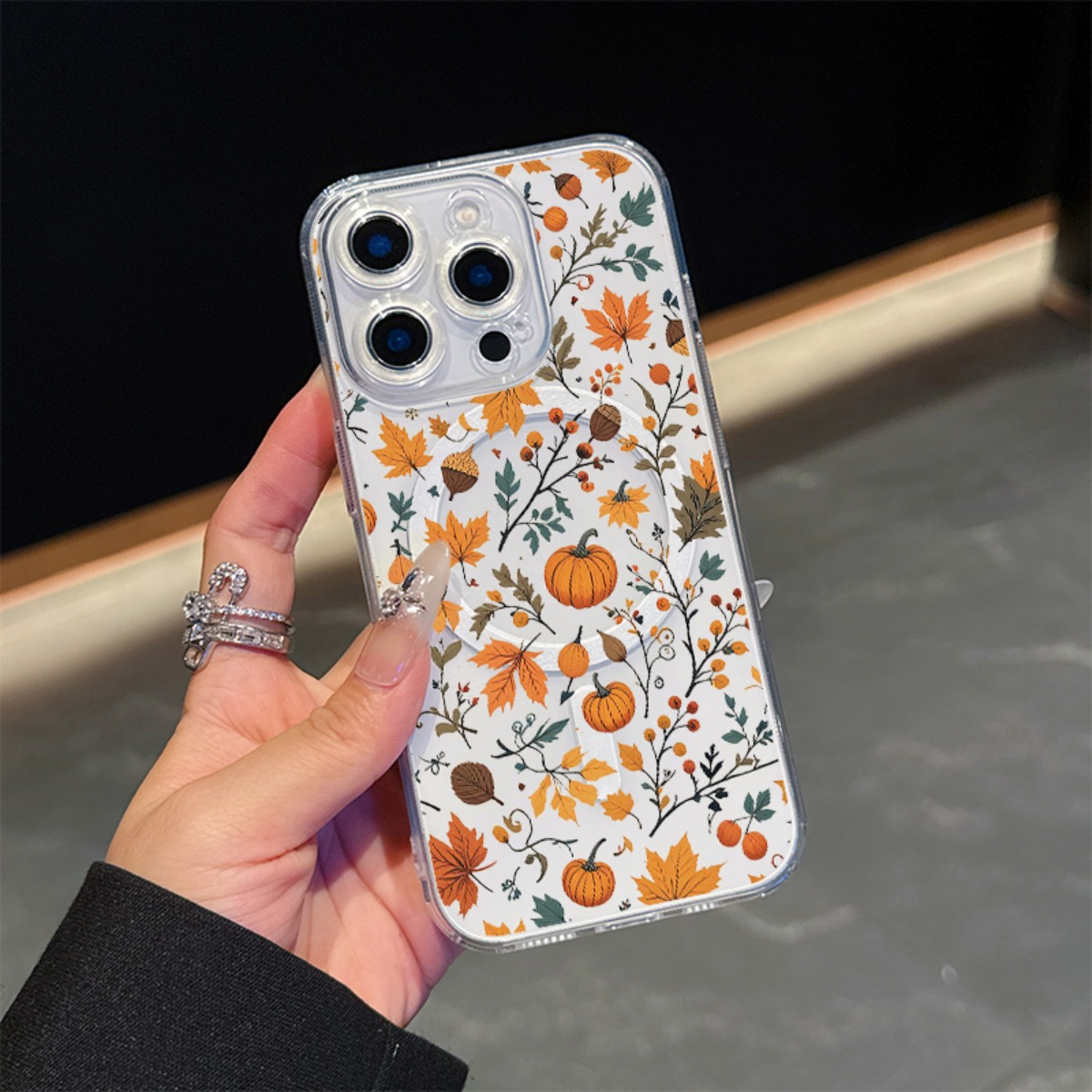 TEMU Phone Case - 2d Flat Autumn Fall Pumpkin Magnetic Transparent Phone Case, Supports Wireless Charging, For Iphone 17/16/15/14/13/12/11/8/7//pro