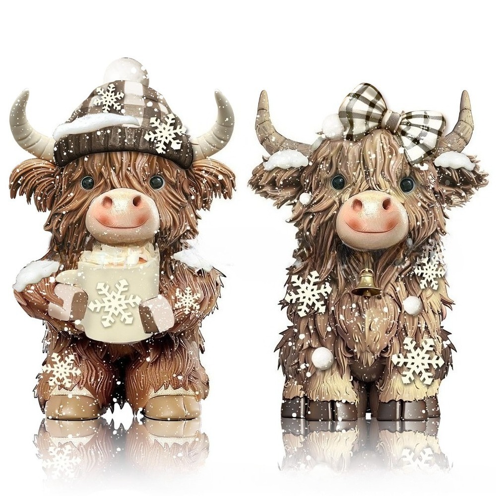 TEMU 2pcs Winter Snowflake Highland Cow Ornaments, Highland Cow Christmas Elf Statues, Desktop Home Decoration Ornaments, Christmas Decorations,
