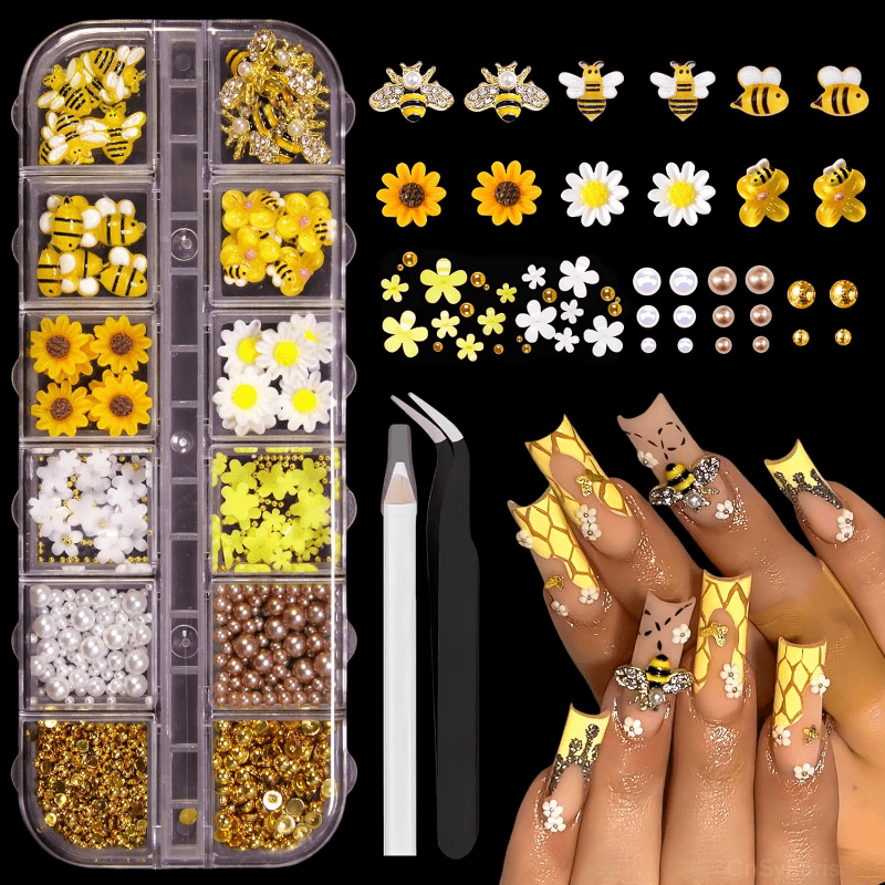 TEMU 12grids Bee Sunflower Themed Nail Art Charms Set, 3d Mix With Tweezers + Dotting Pen, Spring Summer Style Nail Diy Decoration Accessories, Manicure Supplies Kit For Nail Artists