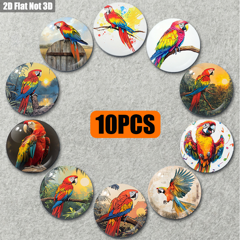 TEMU 10pcs 2d Flat Round Macaw Parrot Pattern, Crystal Glass Fridge Magnets, Magnetic Stickers, , Suitable For Kitchen Refrigerator Whiteboard