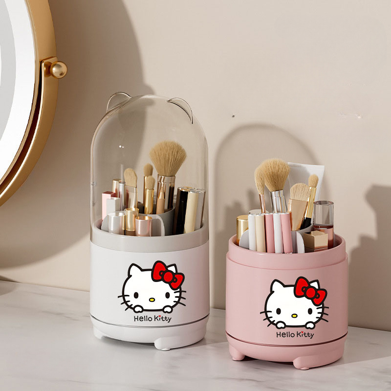 Sanrio Hello Kitty 360° Rotating Makeup Brush Holder with Clear Lid – Dustproof & Moisture-Resistant Desktop Organizer for Vanity, White & Pink Options, Cute Polished Finish Design