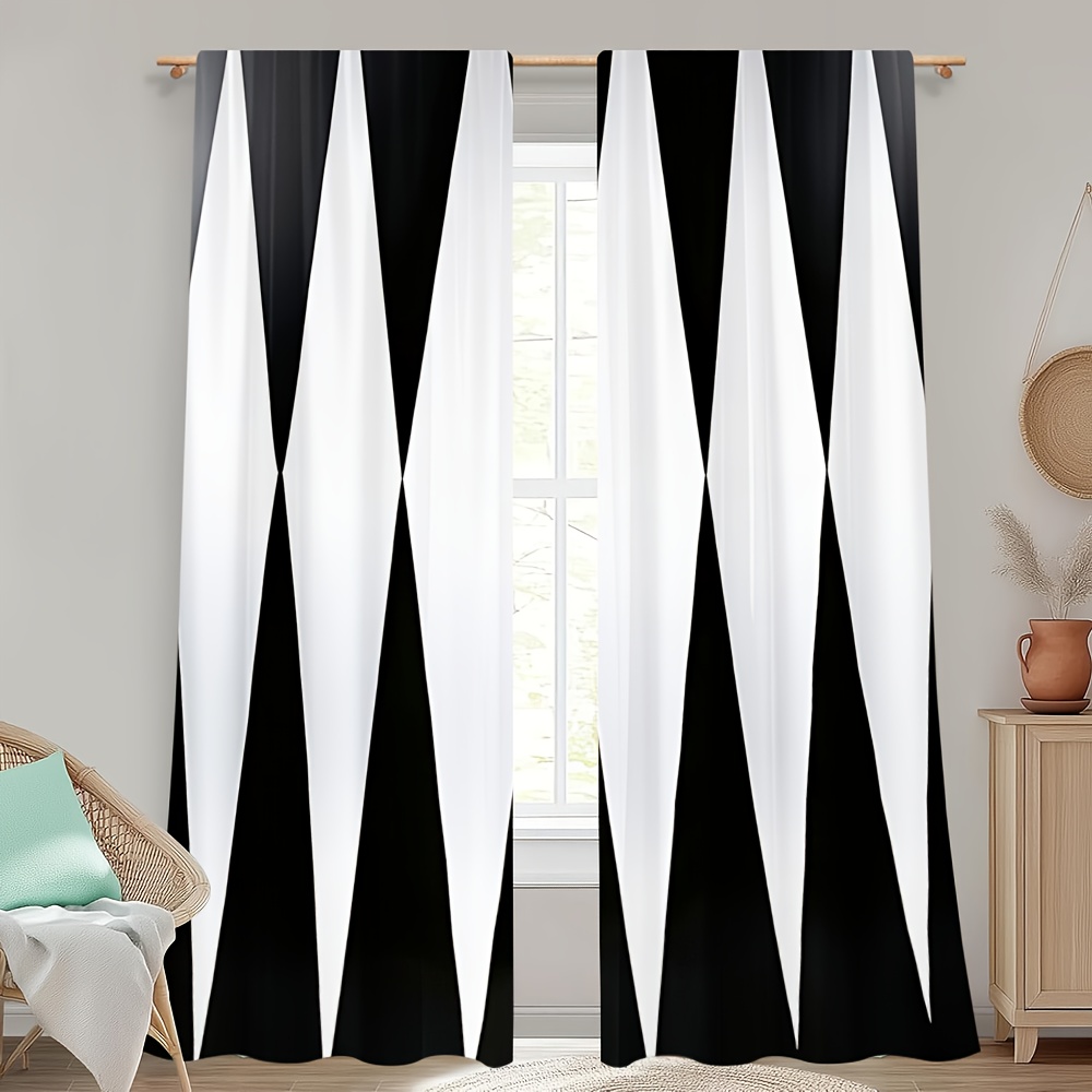 TEMU 2pcs Modern Black And White Striped Curtains - Horizontal Stripe Semi-sheer Privacy Drapes, Suitable For Living Room, Bedroom, Office - Machine
