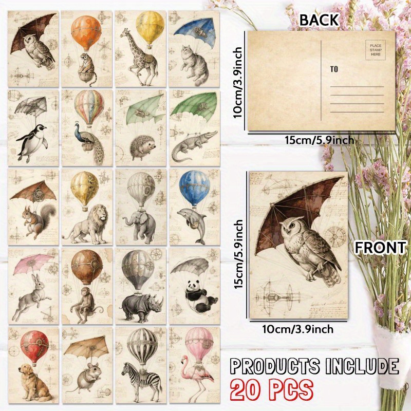 TEMU 20 stuks postkaarten in vintage-stijl met schattige dieren in luchtballonnen en paragliding, perfect voor elk gelegenheid. Een uniek cadeau voor