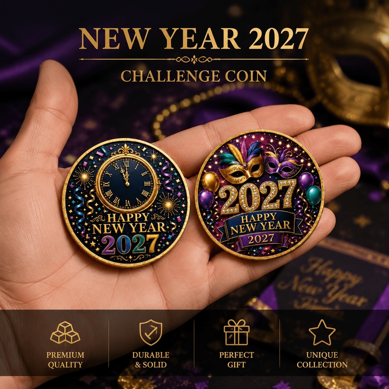 TEMU Pièce de monnaie commémorative de festival imprimée en 2D, horloge du An 2027, de masques et de balles de fête, ambiance festive , cadeau
