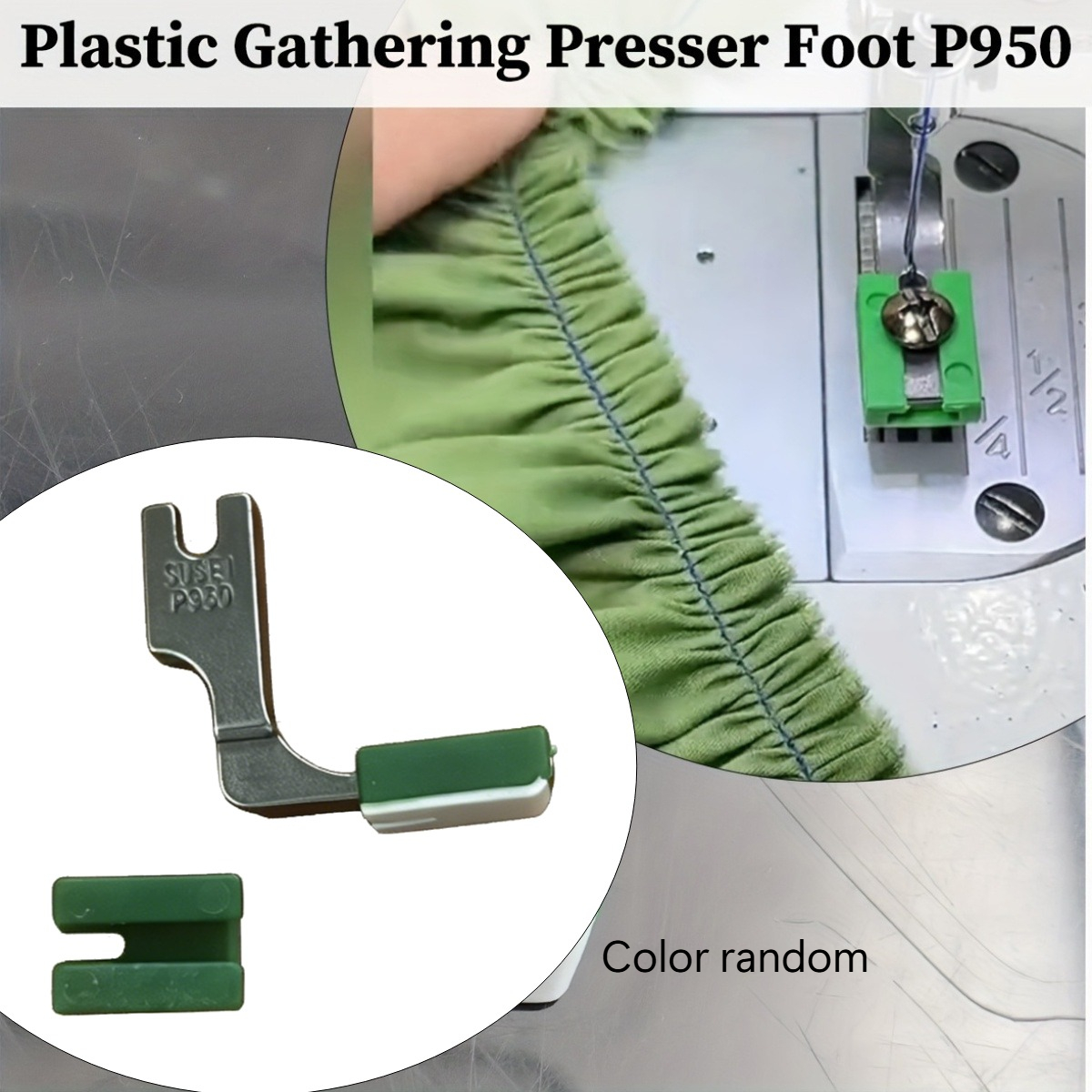 item picture 2pcs Heavy-Duty Steel Presser Foot Set, 1 Thickened Base Plate + 1 Flatbed Gathering Presser Foot, Color Random — P950 Industrial Sewing Machine Adjustable Gathering Presser Foot, Compatible with Overlock and Gathering Functions, Fabric Gathering